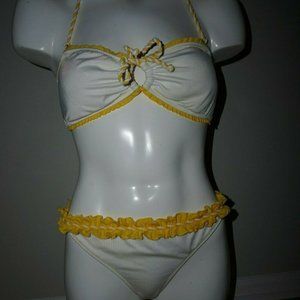 New Raisins Size Large White/Yellow Ruffled Bandeau Top and Regular Pant